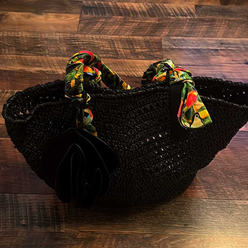 FARM Rio Black Woven Shoulder Bag with Colorful Scarf handles and leather flower